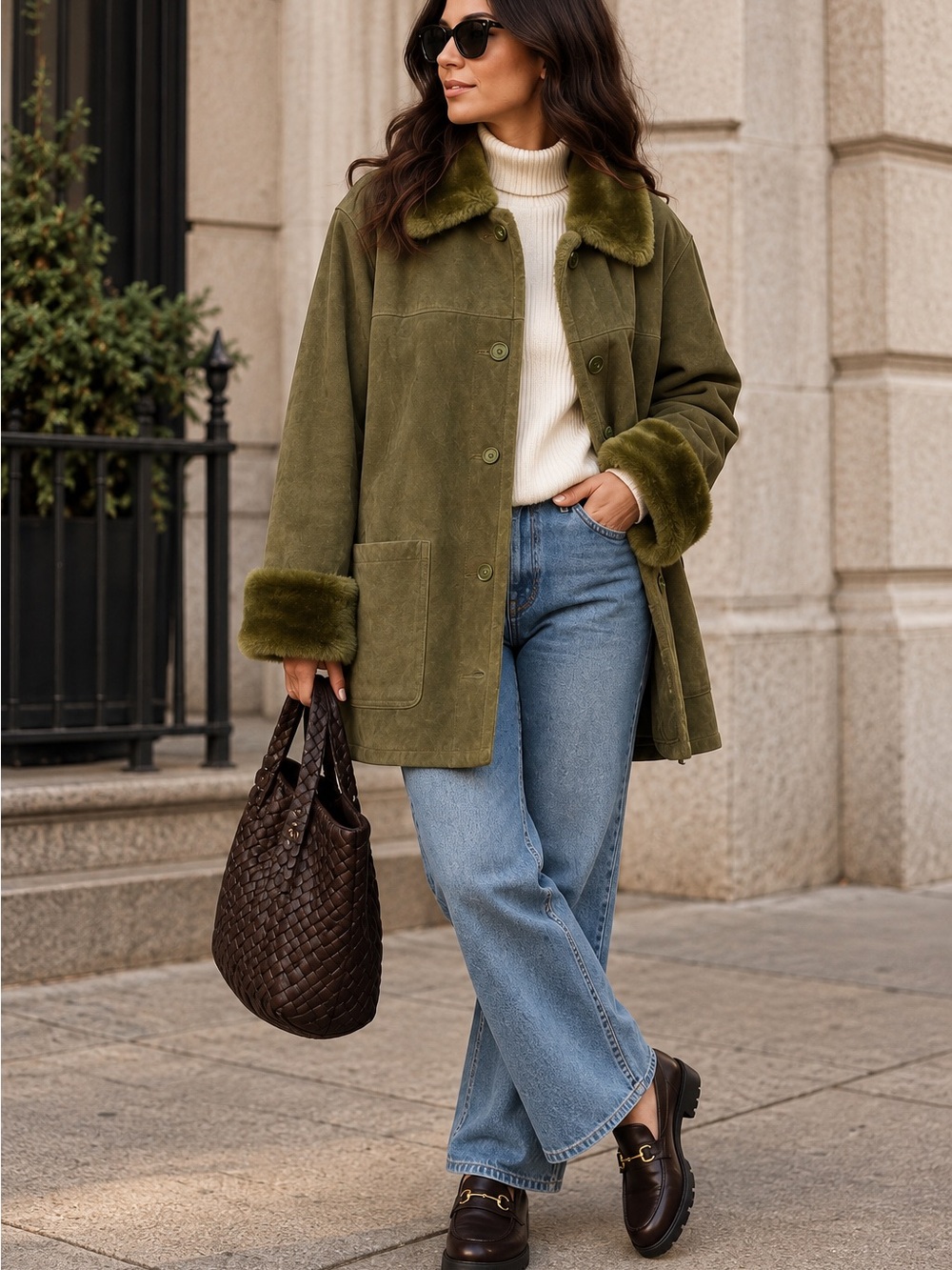 Dennis Basso Olive Genuine Leather Faux Fur Coat 1X